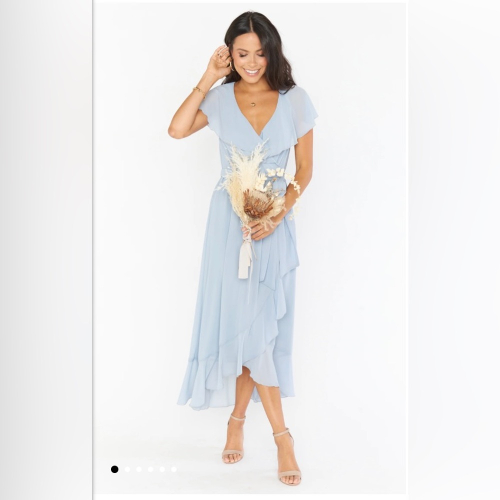 NEVER WORN* Jess Ruffle Midi Dress in Steel Blue Chiffon Color